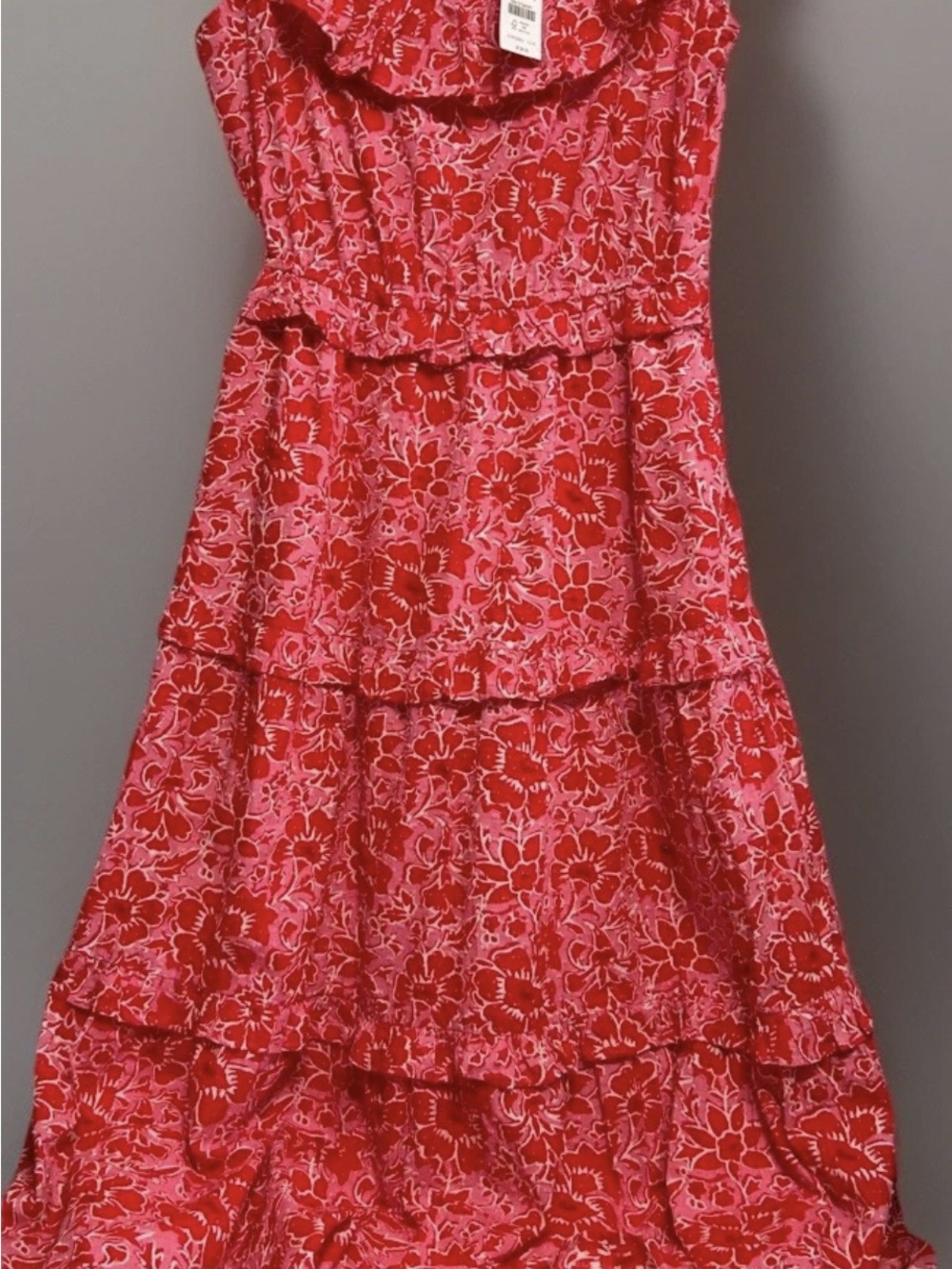 J Crew Factory Size 4 Pink/Red Floral Tiered Midi Dress Ruffle Sleeveless